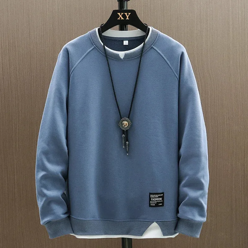 2024 New Mens Casual Sweatshirts Harajuku Solid Color Fashion Fake Two Pieces O-Neck Sweatshirt Hoodies Hip Hop Male Streetwear