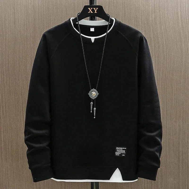 2024 New Mens Casual Sweatshirts Harajuku Solid Color Fashion Fake Two Pieces O-Neck Sweatshirt Hoodies Hip Hop Male Streetwear