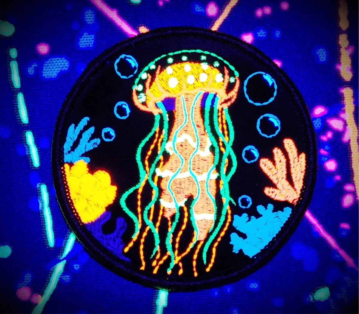 Blacklight Dark Blacklight Jellyfish Velvet Patch - Amp Up Your Wardrobe with Trippy, Eye-Catching Fluorescent Thread Magic