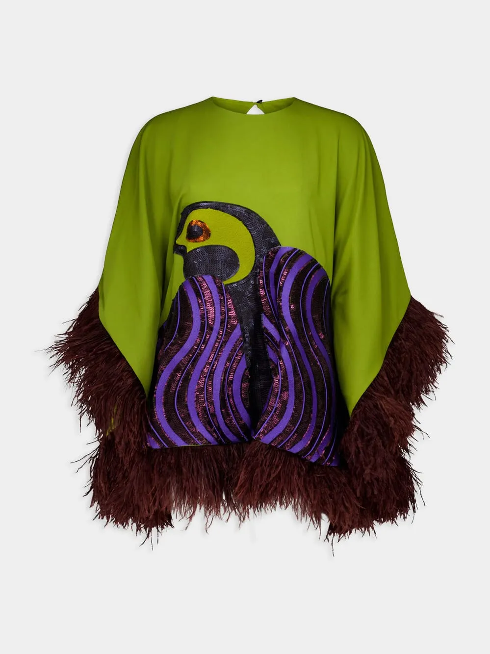 Blanca Embroidered Poncho with Feathers