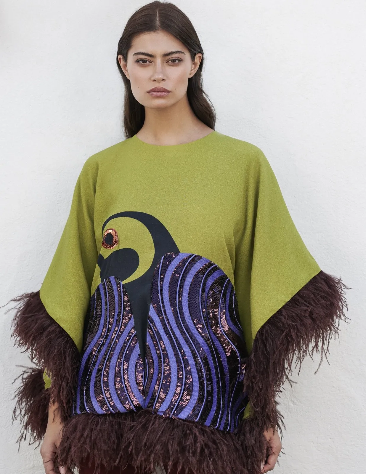 Blanca Embroidered Poncho with Feathers