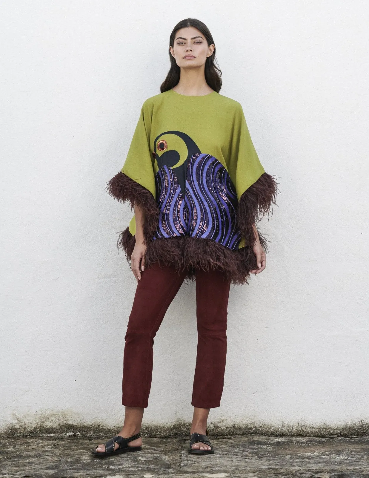 Blanca Embroidered Poncho with Feathers