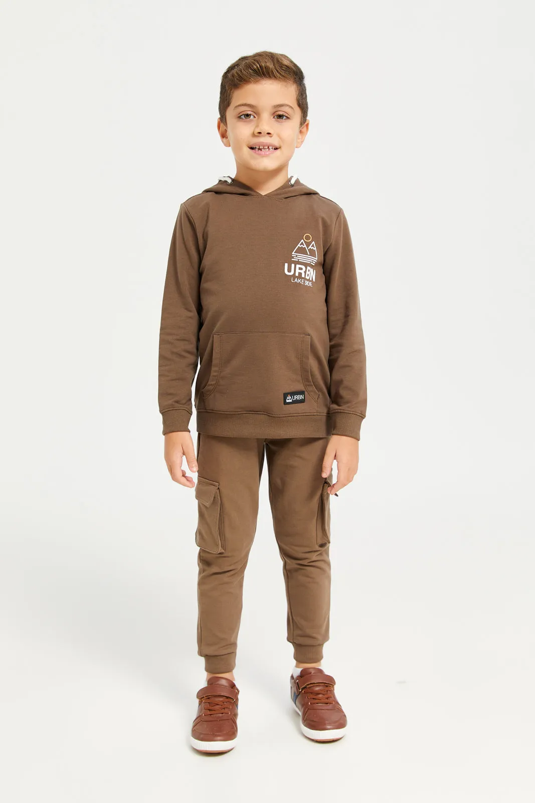 Boys Brown Printed Hooded Sweatshirt