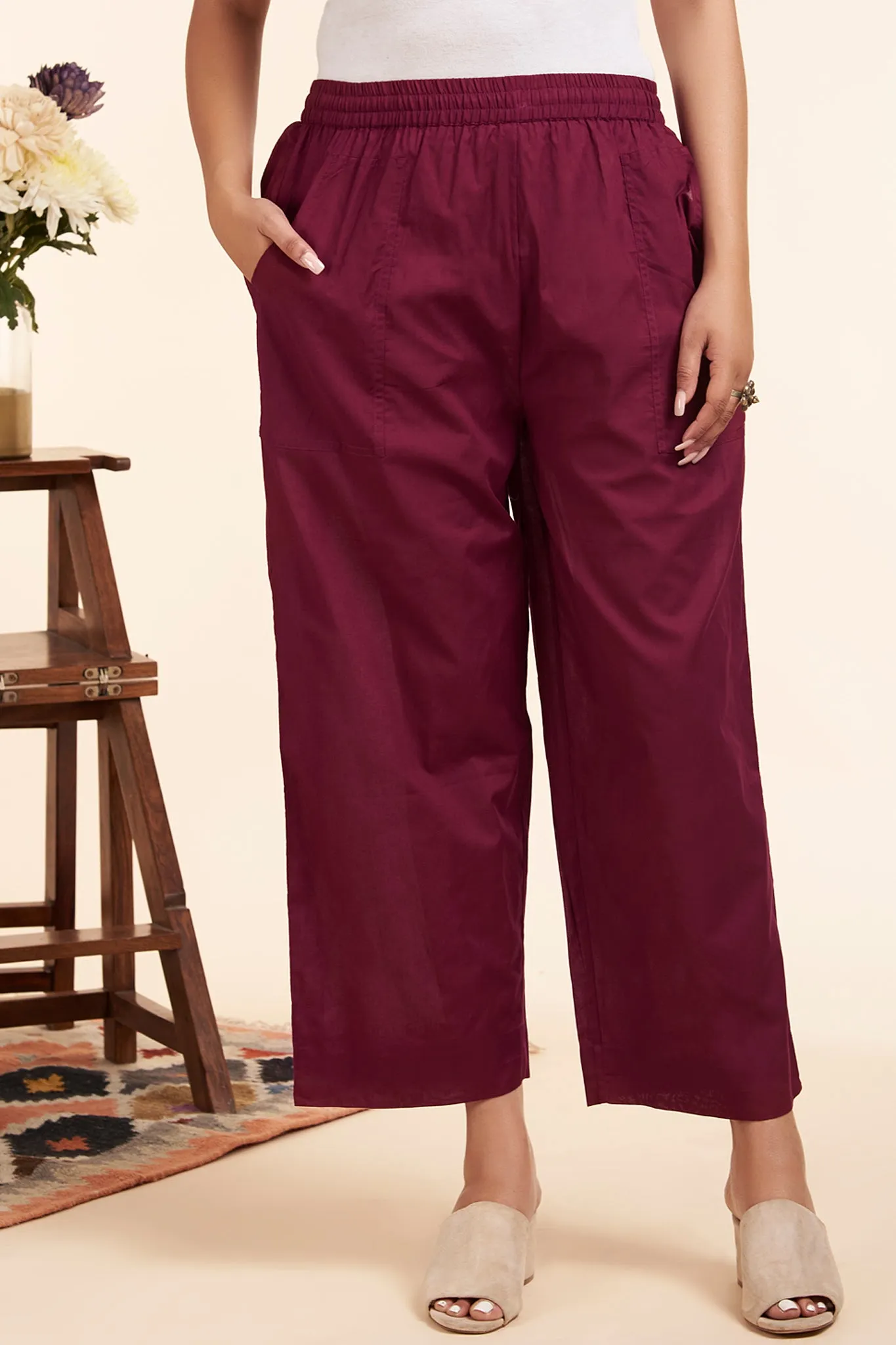 comfort fit cotton pants - wine