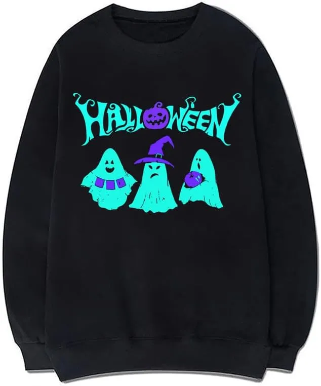 CORIRESHA Unisex Ghost Sweatshirts Crewneck Long Sleeves Casual Harajuku Halloween Pullovers