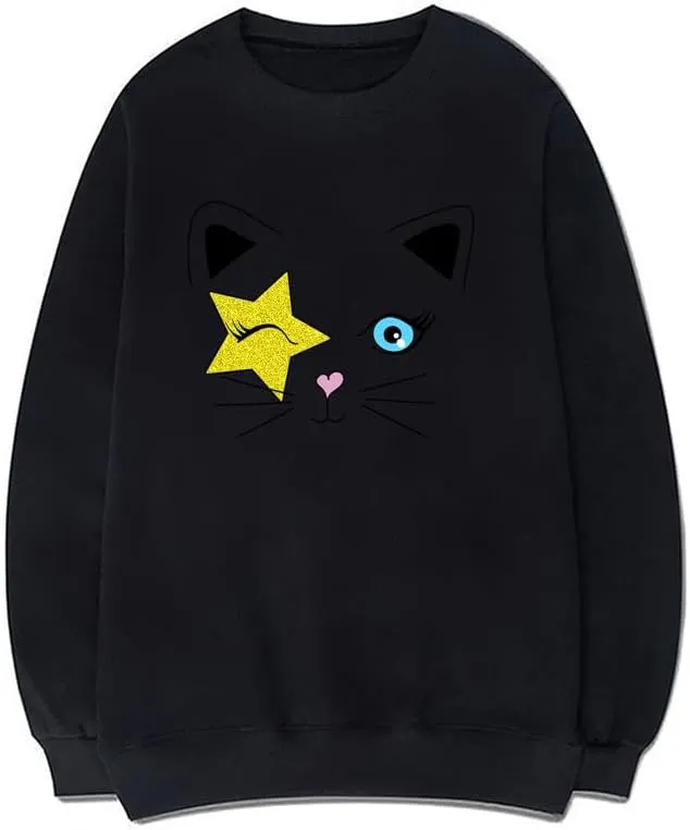 CORIRESHA Unisex Stars Y2k Pattern Crewneck Long Sleeves Casual Cat Lovers Sweatshirts