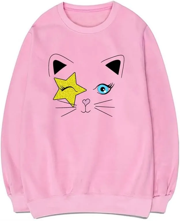 CORIRESHA Unisex Stars Y2k Pattern Crewneck Long Sleeves Casual Cat Lovers Sweatshirts