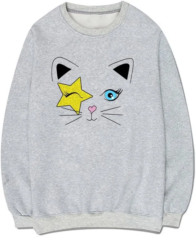 CORIRESHA Unisex Stars Y2k Pattern Crewneck Long Sleeves Casual Cat Lovers Sweatshirts