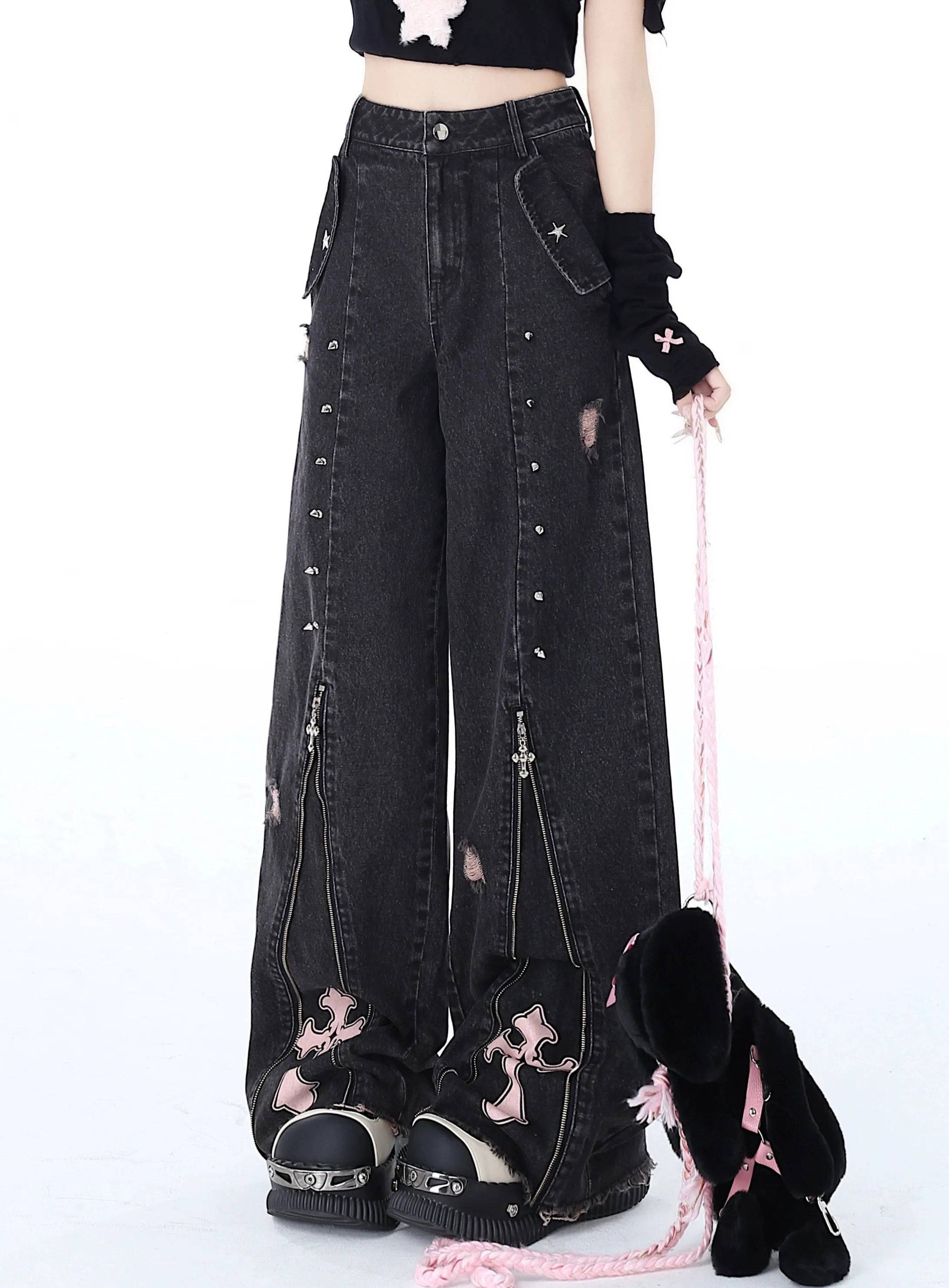 Crazygirl Kawaii Punk Cross Sweet High-Waisted Straight-Leg Jeans