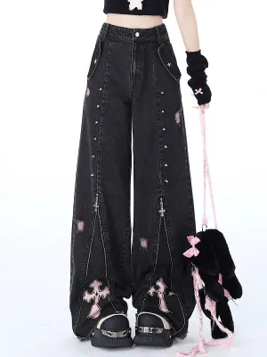 Crazygirl Kawaii Punk Cross Sweet High-Waisted Straight-Leg Jeans