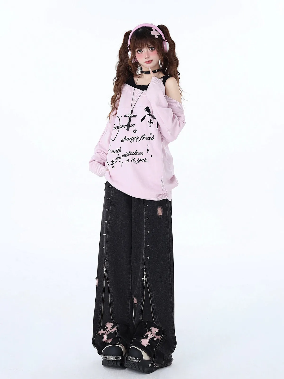 Crazygirl Kawaii Punk Cross Sweet High-Waisted Straight-Leg Jeans