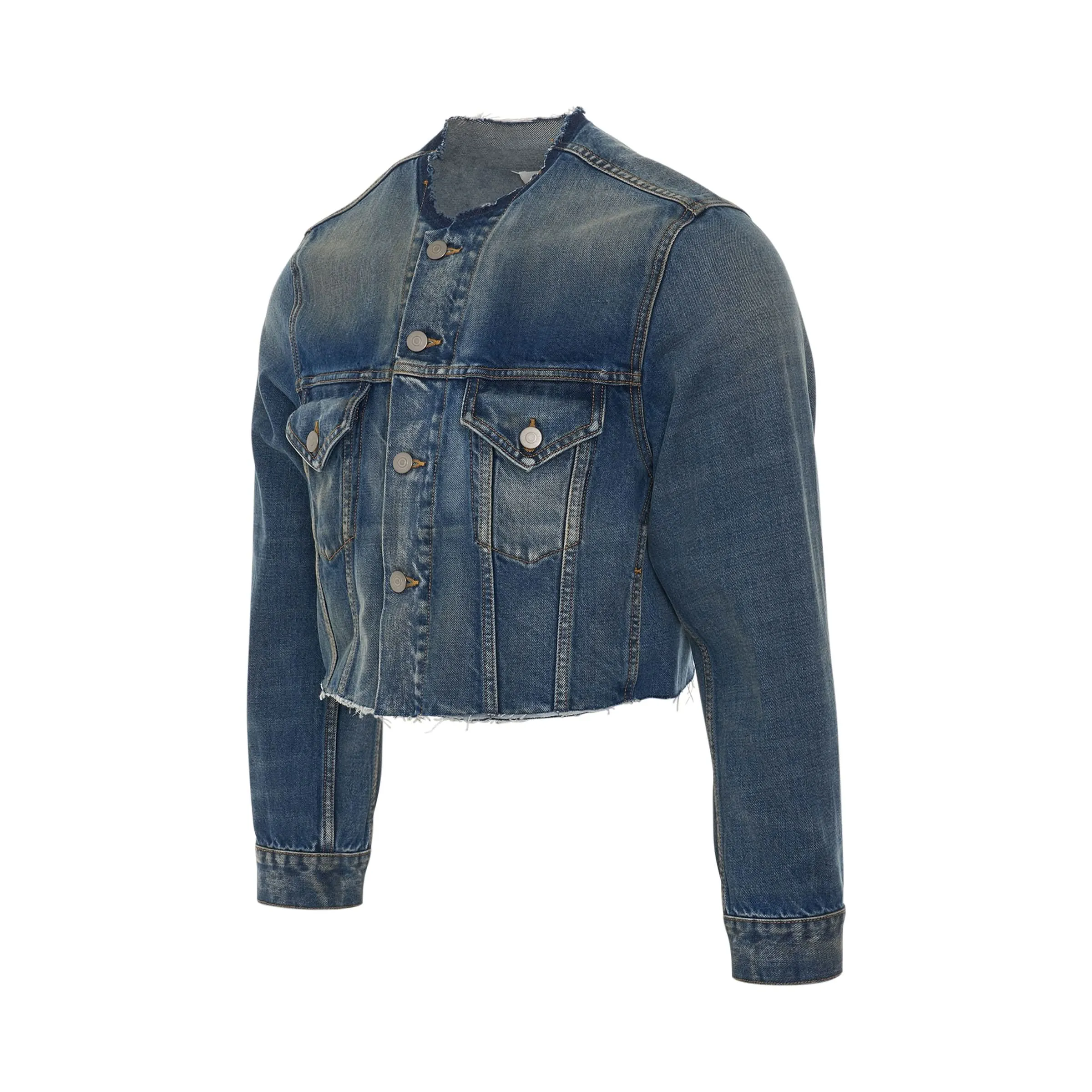 Cropped Collarless Denim Jacket