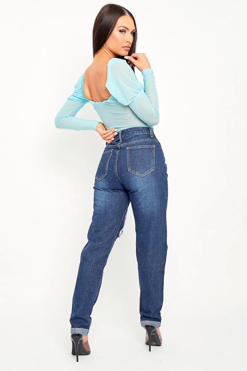 Dark Blue Distressed Leg Mom Fit Jeans - Calina