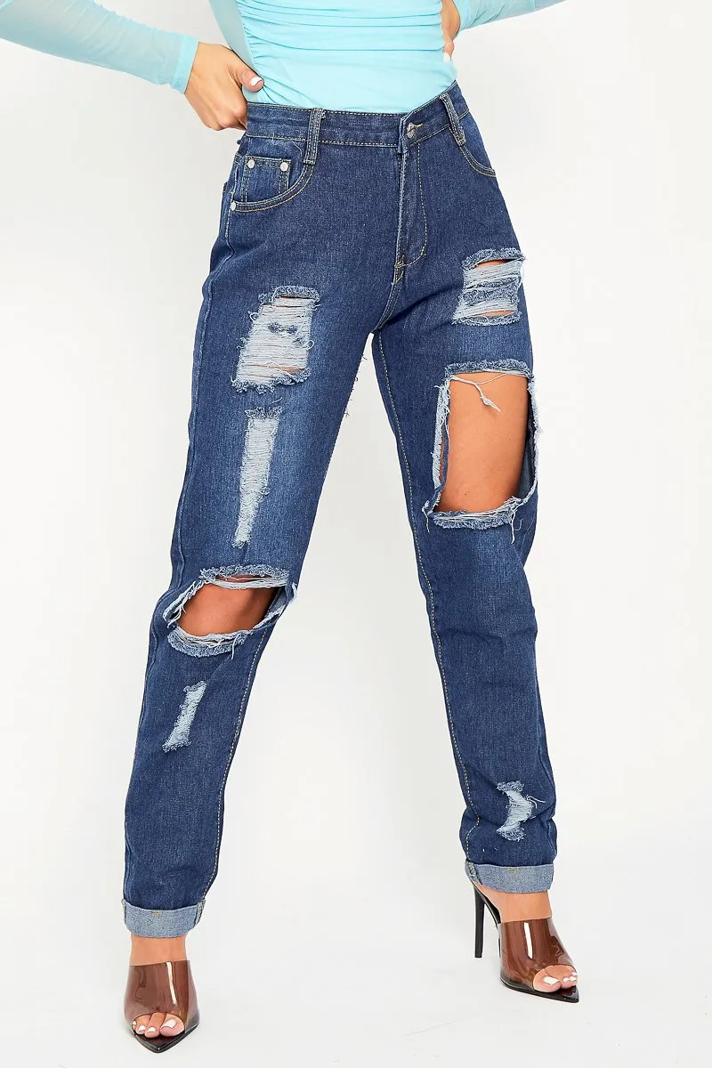 Dark Blue Distressed Leg Mom Fit Jeans - Calina