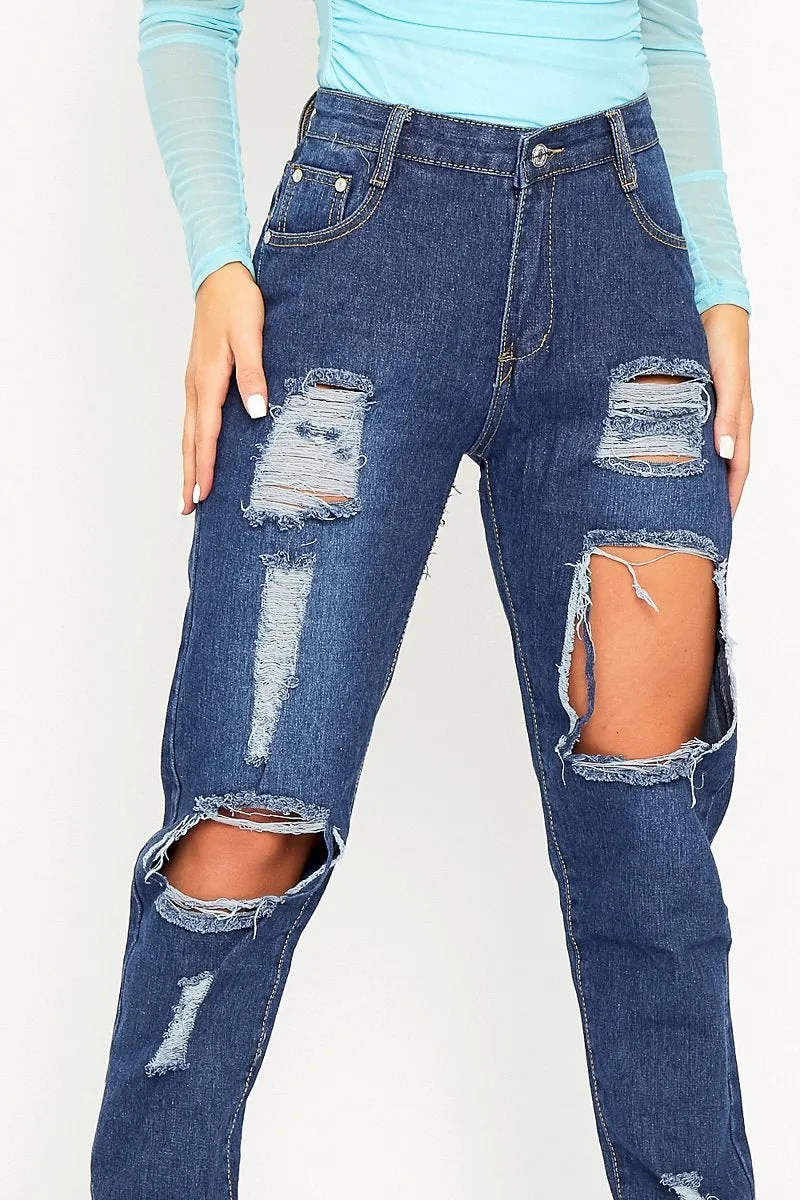 Dark Blue Distressed Leg Mom Fit Jeans - Calina