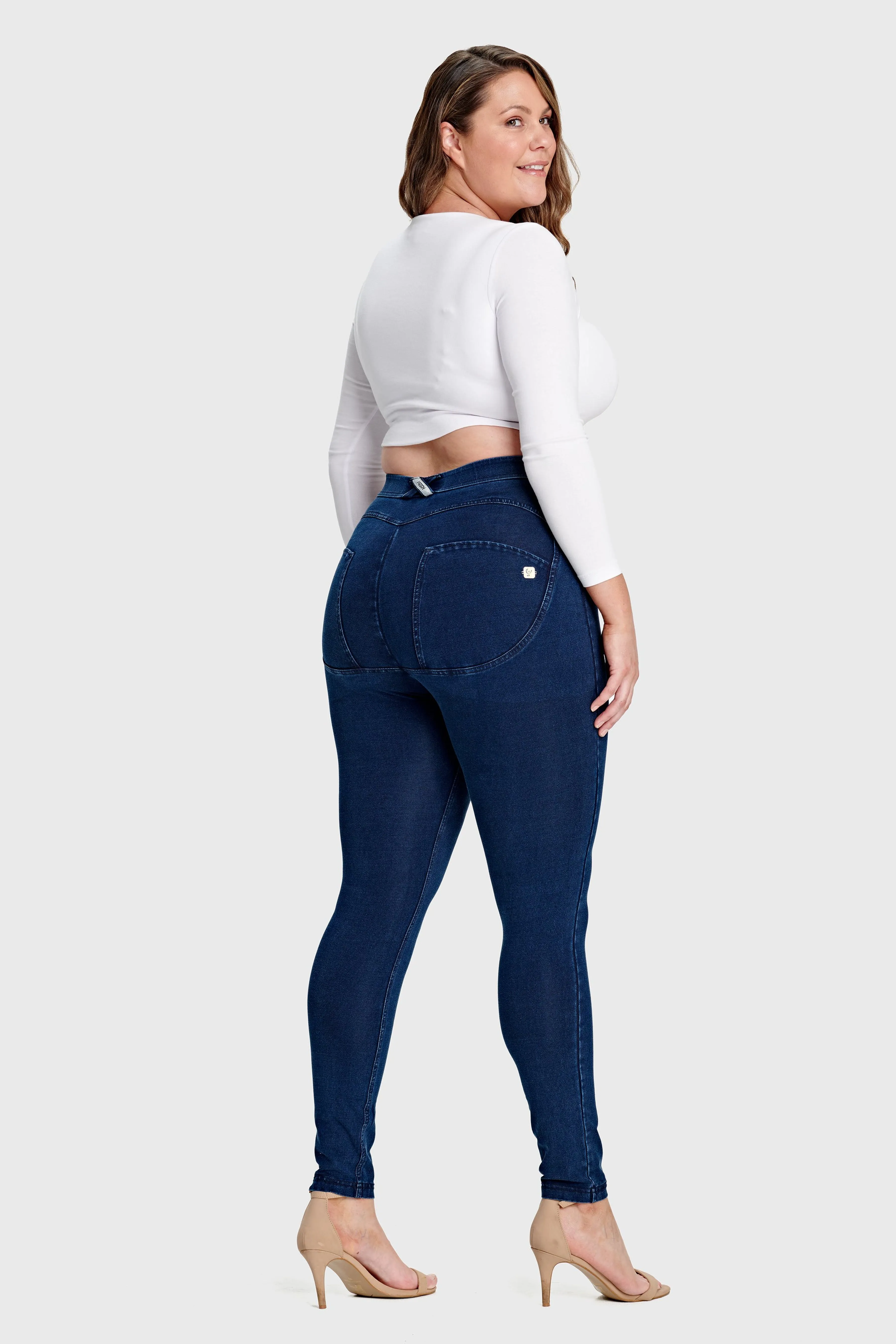 Dark Denim Curvy Fit Mid-Rise Full-Length Pants – Blue Stitch Detail