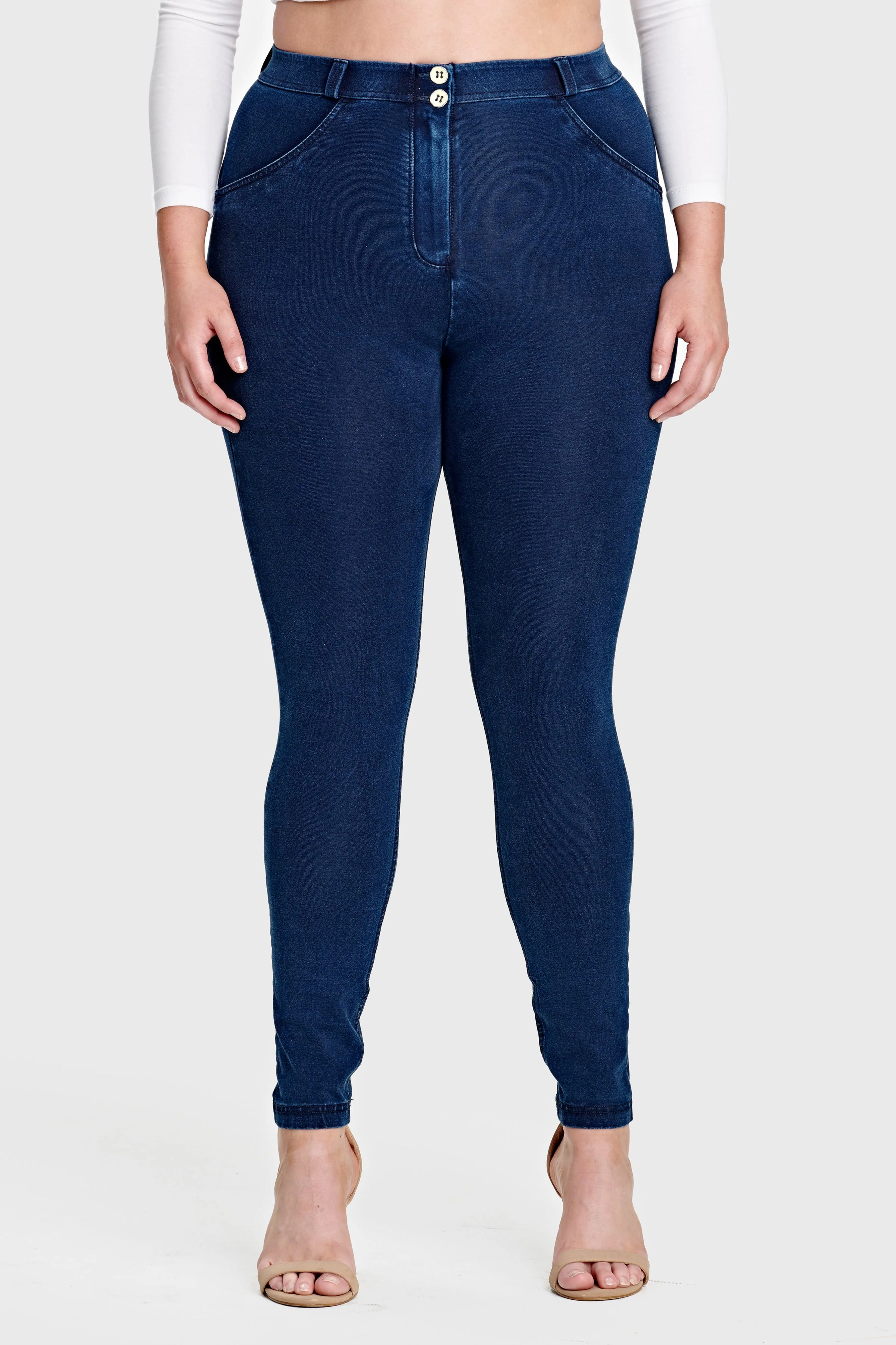 Dark Denim Curvy Fit Mid-Rise Full-Length Pants – Blue Stitch Detail