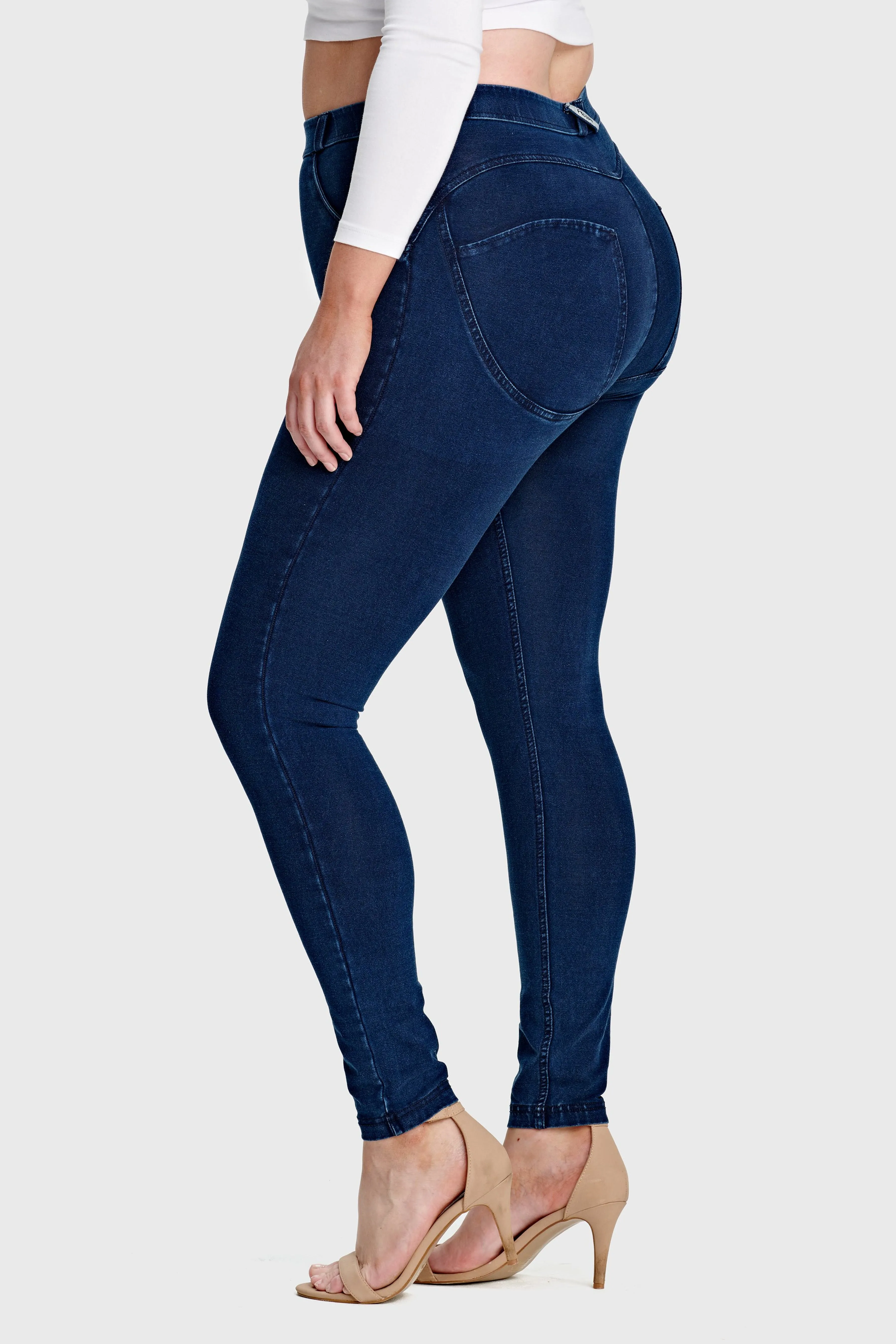 Dark Denim Curvy Fit Mid-Rise Full-Length Pants – Blue Stitch Detail