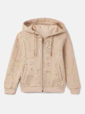 Elle Girls Beige Printed Hooded Full Sleeves Zip Through Sweatshirt