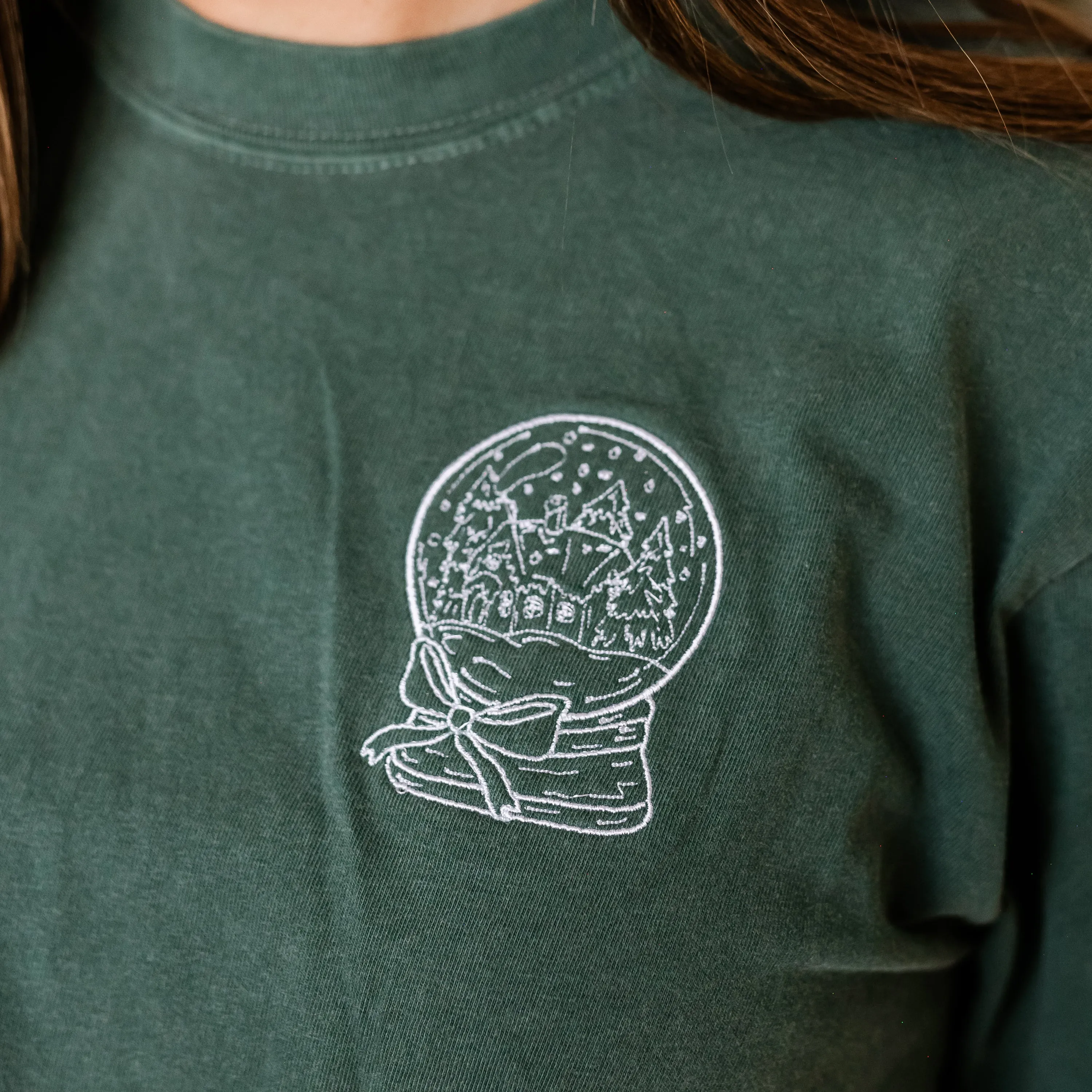 Embroidered Pocket Snowglobe w/ There's No Place Like Home on Back - LONG SLEEVE Comfort Colors Tee