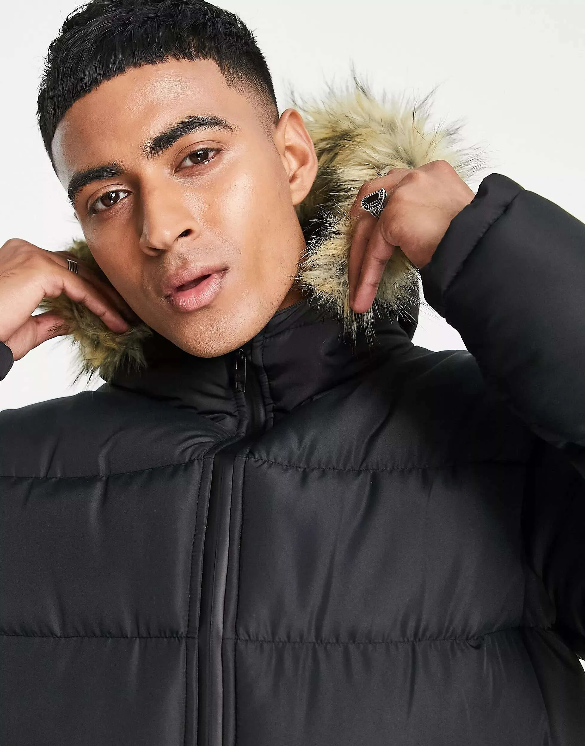 French Connection Black Puffer Parka with Faux Fur Hood