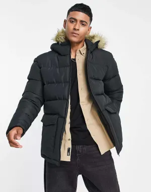 French Connection Black Puffer Parka with Faux Fur Hood