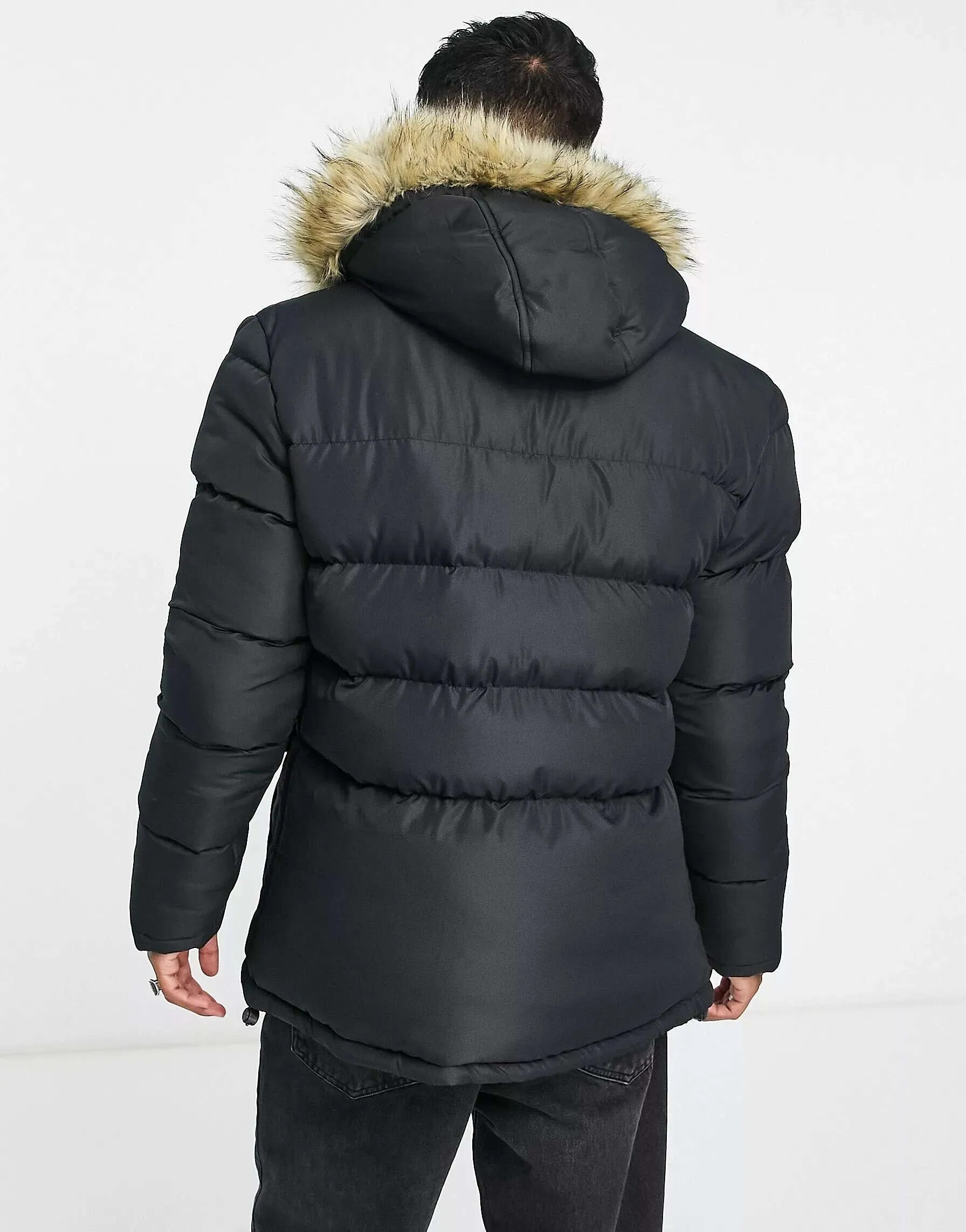 French Connection Black Puffer Parka with Faux Fur Hood