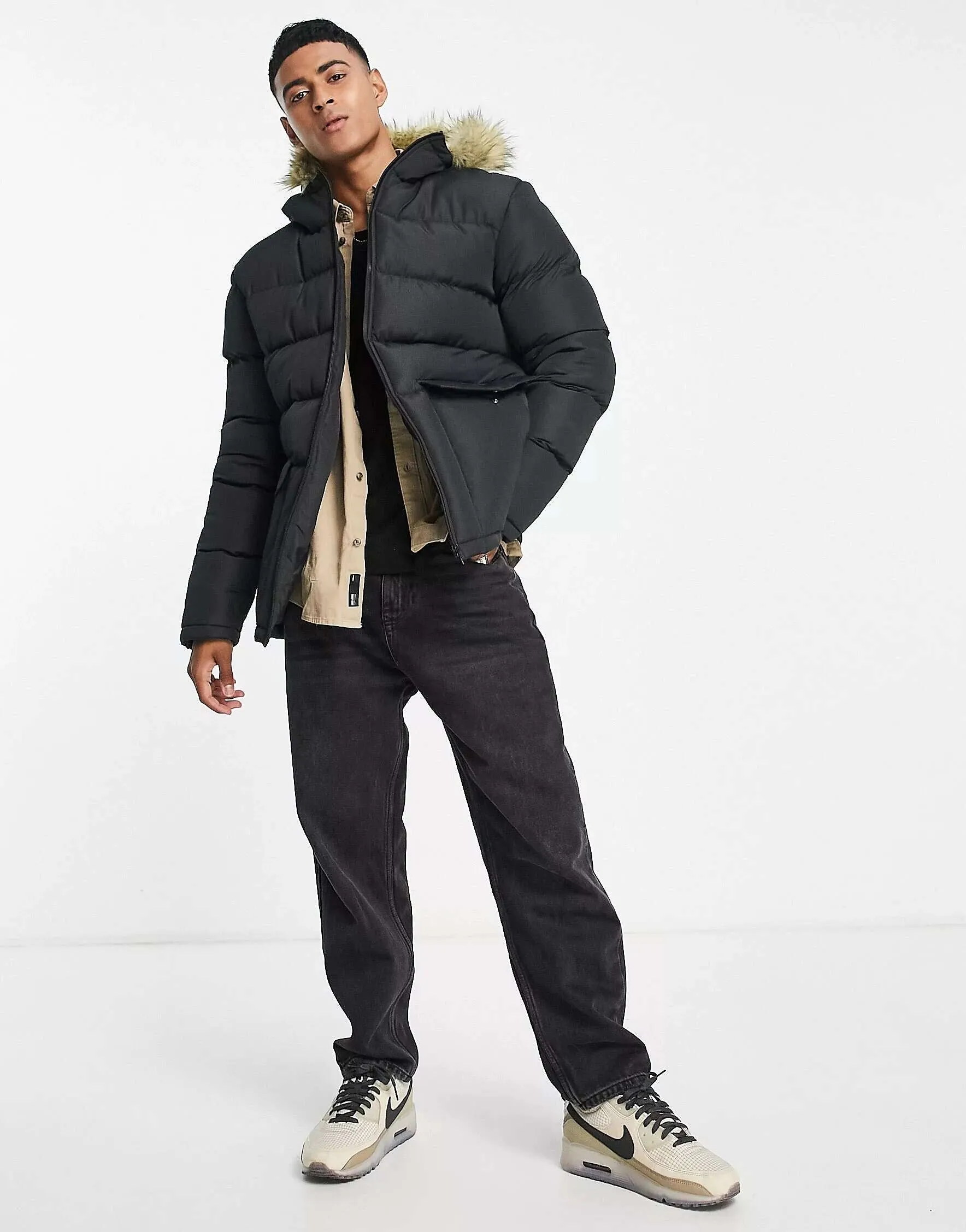 French Connection Black Puffer Parka with Faux Fur Hood