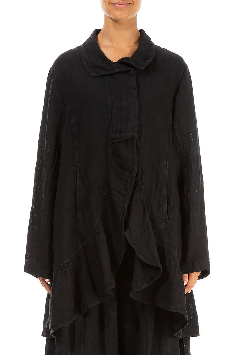 Frilled Edge Black Mélange Linen Jacket