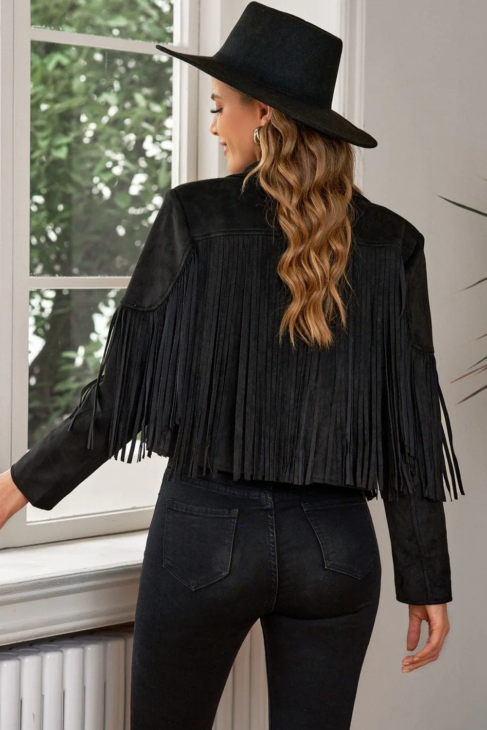 Fringe Trim Lapel Collar Cropped Blazer Jacket