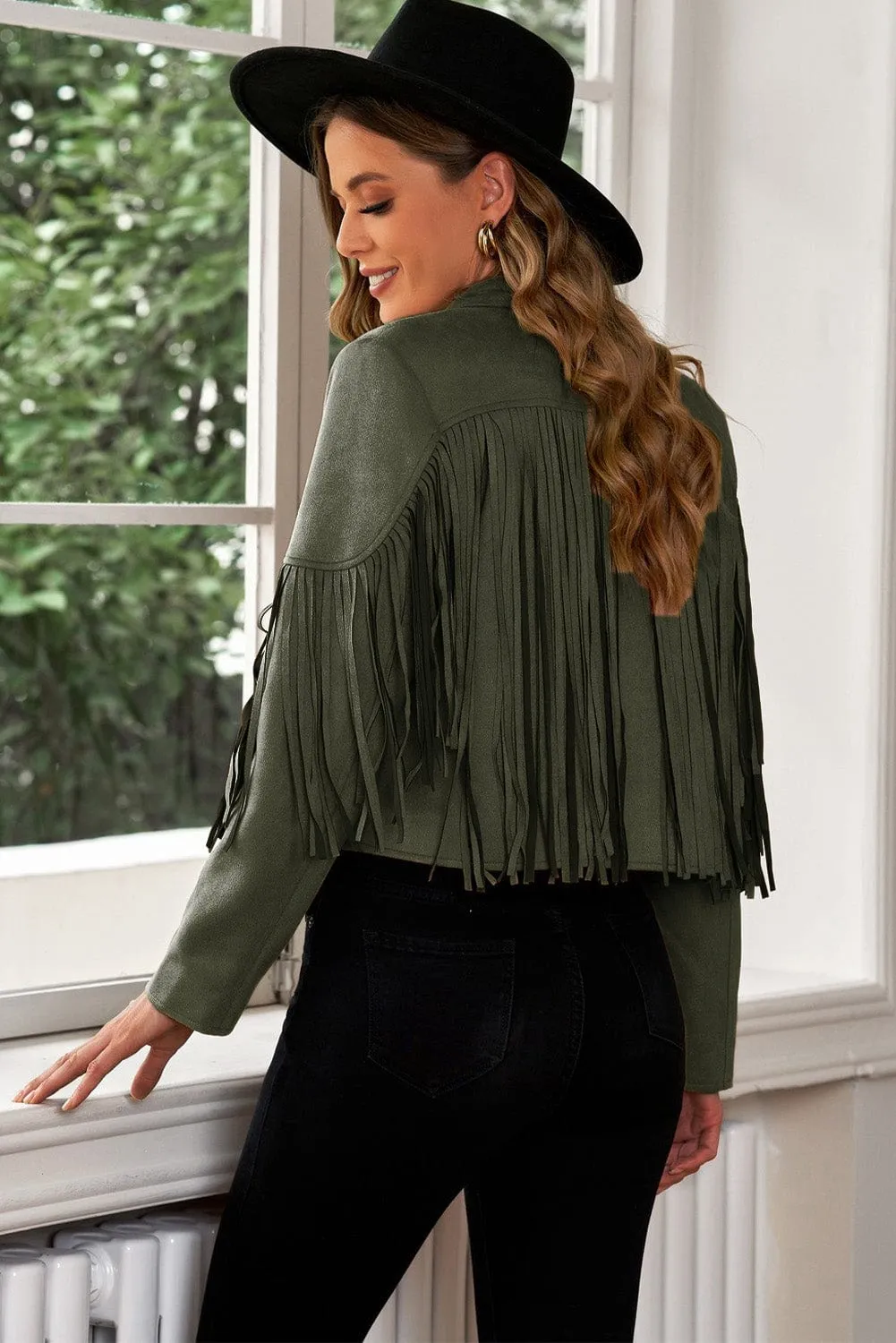 Fringe Trim Lapel Collar Cropped Blazer Jacket