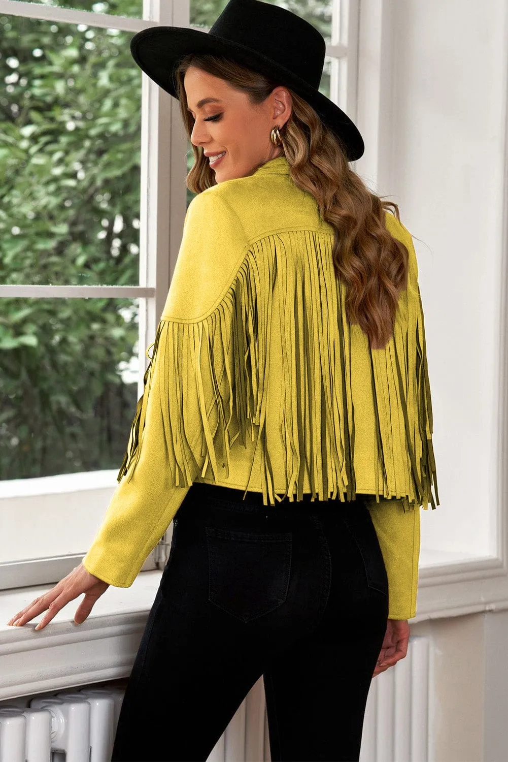 Fringe Trim Lapel Collar Cropped Blazer Jacket