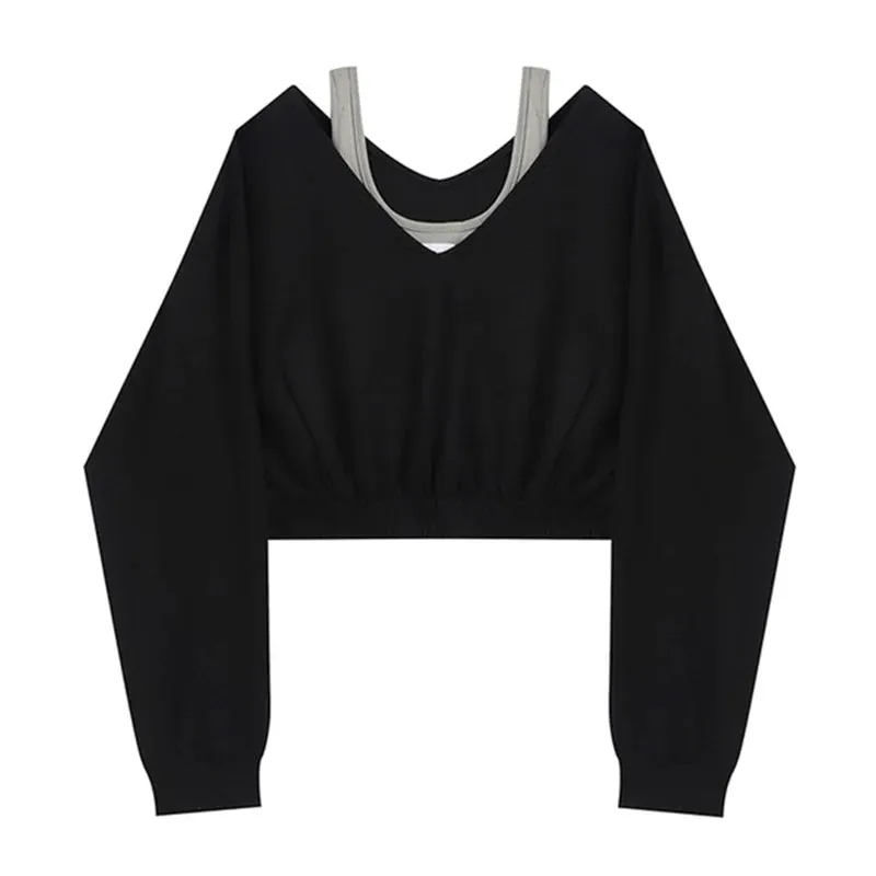 Girlary Woman Sweatshirt Hoodies Fashion Female Chic Loose Casual Streetwear Patchwork Ins Street Y2K Fake Two Pieces Hoodies Crop Top