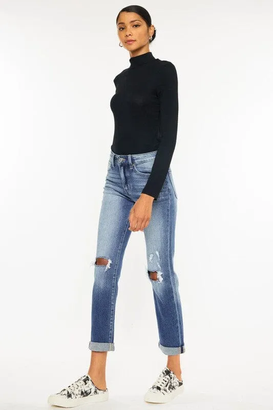 High Rise Hem Detail Slim Straight Jeans