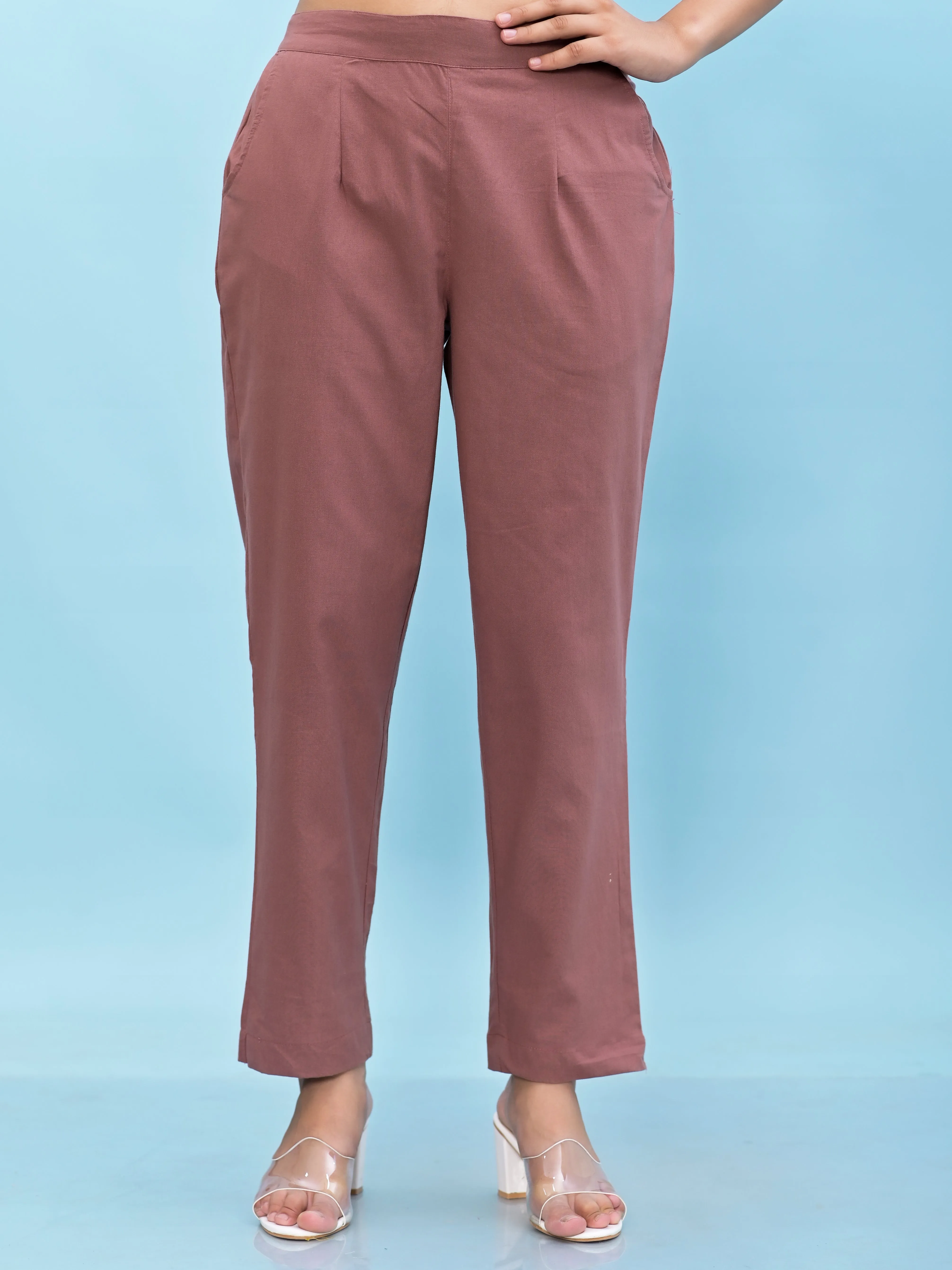 Jashvi Jashvi Women Mauve Solid Cotton Pants with Partially Elasticated Waistband and Two Side Pockets