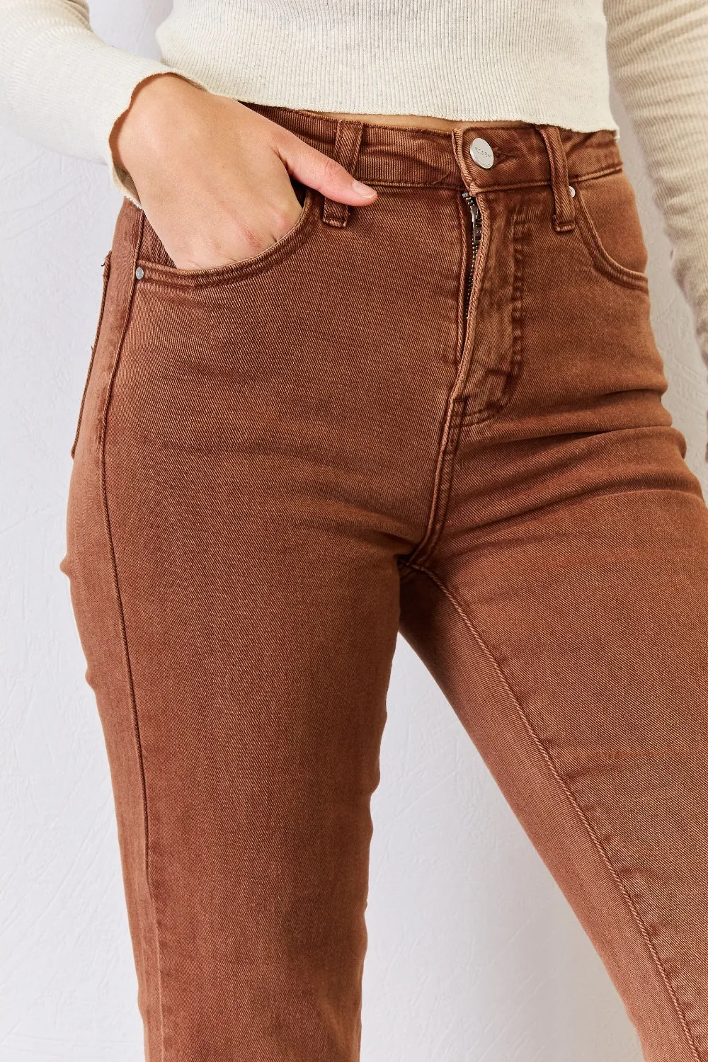 KESLEY High Rise Tummy Control Straight Jeans In Camel Brown Petite and Plus size Jeans