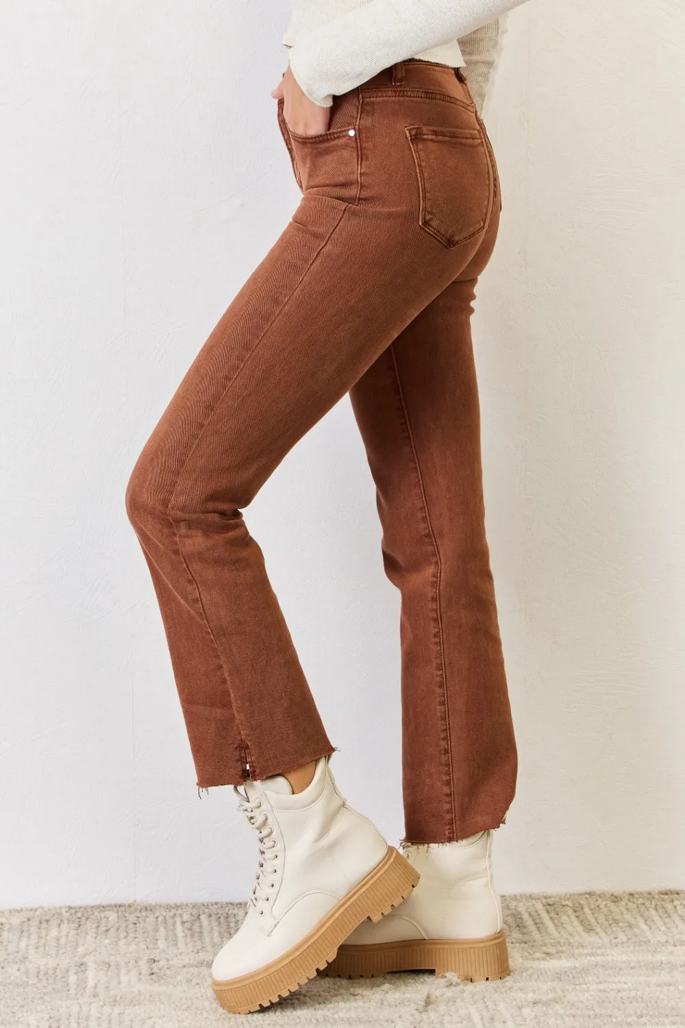 KESLEY High Rise Tummy Control Straight Jeans In Camel Brown Petite and Plus size Jeans