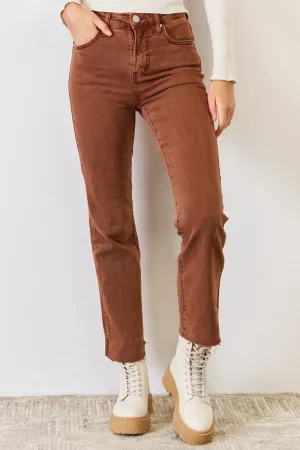 KESLEY High Rise Tummy Control Straight Jeans In Camel Brown Petite and Plus size Jeans