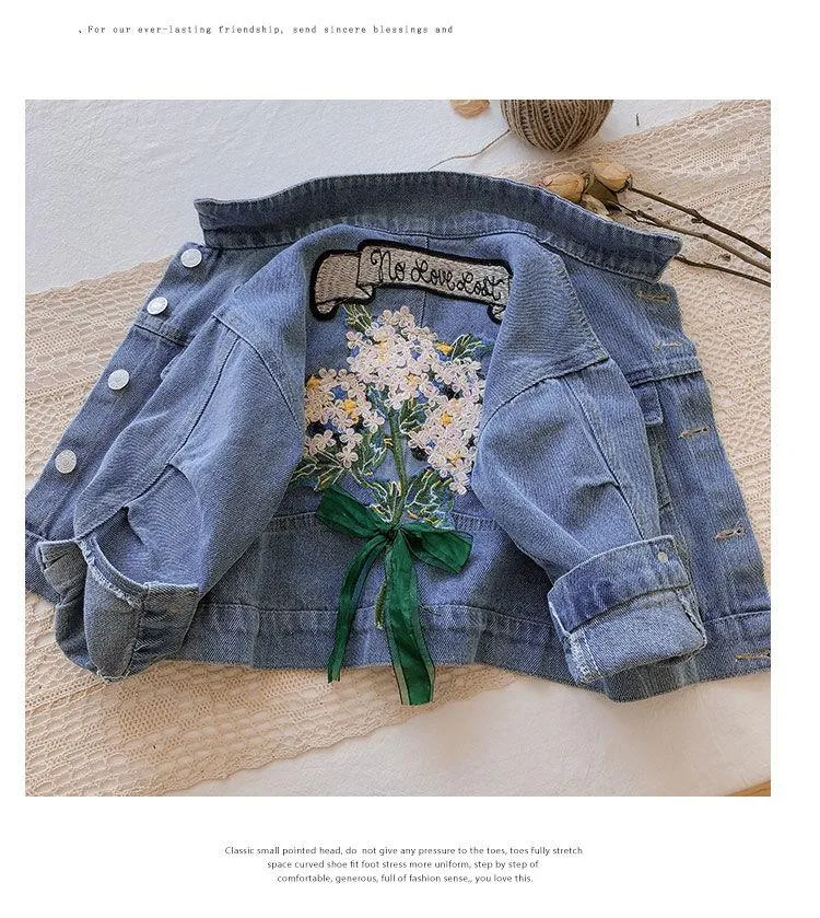 Kids Girls Flower Embroidered Distressed Finish Denim Jackets