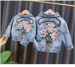 Kids Girls Flower Embroidered Distressed Finish Denim Jackets