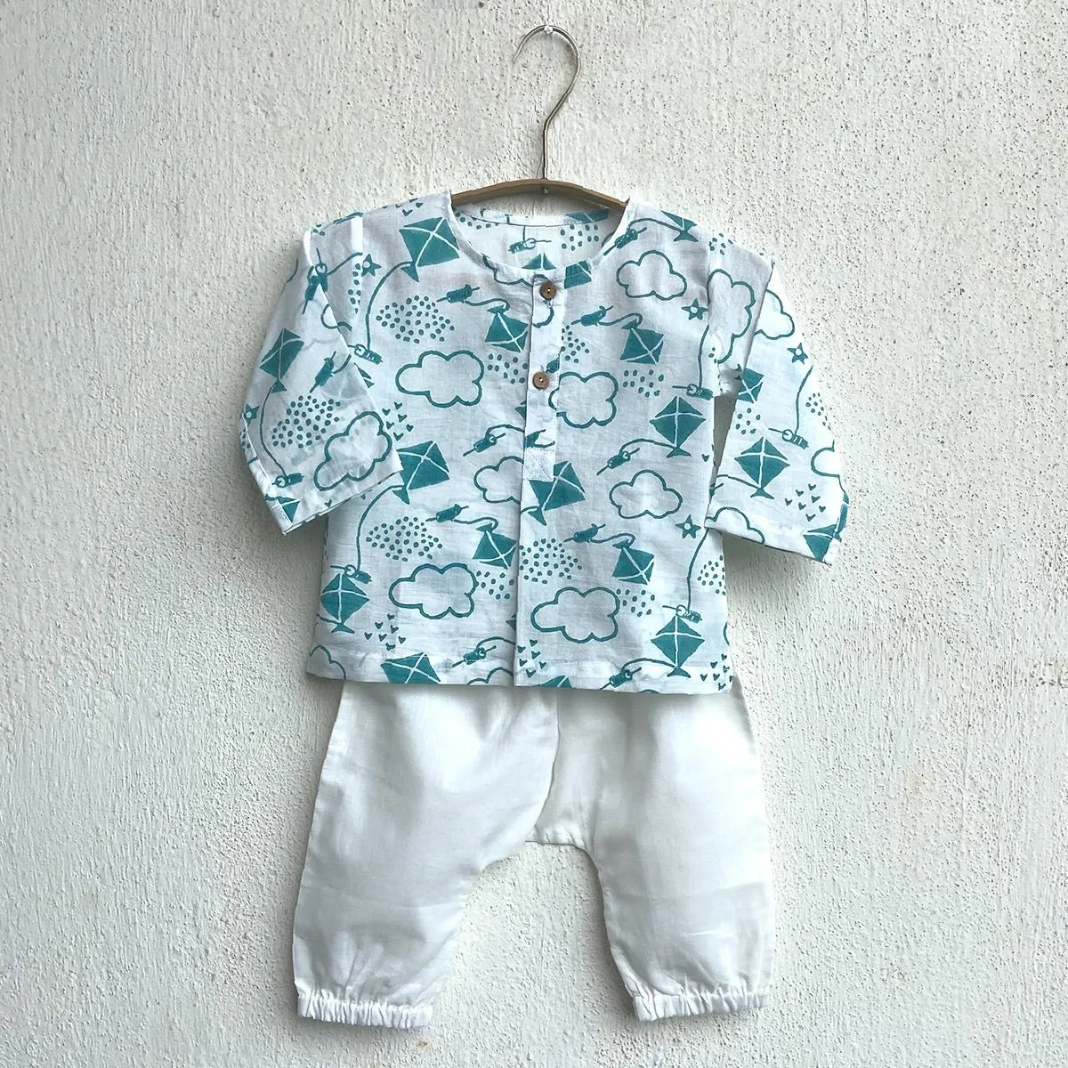 Kids Unisex Organic Cotton Patang Print Teal Kurta Top and White Pants