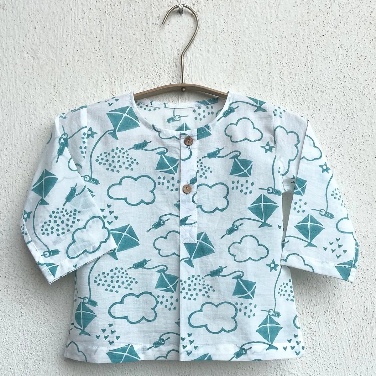 Kids Unisex Organic Cotton Patang Print Teal Kurta Top and White Pants