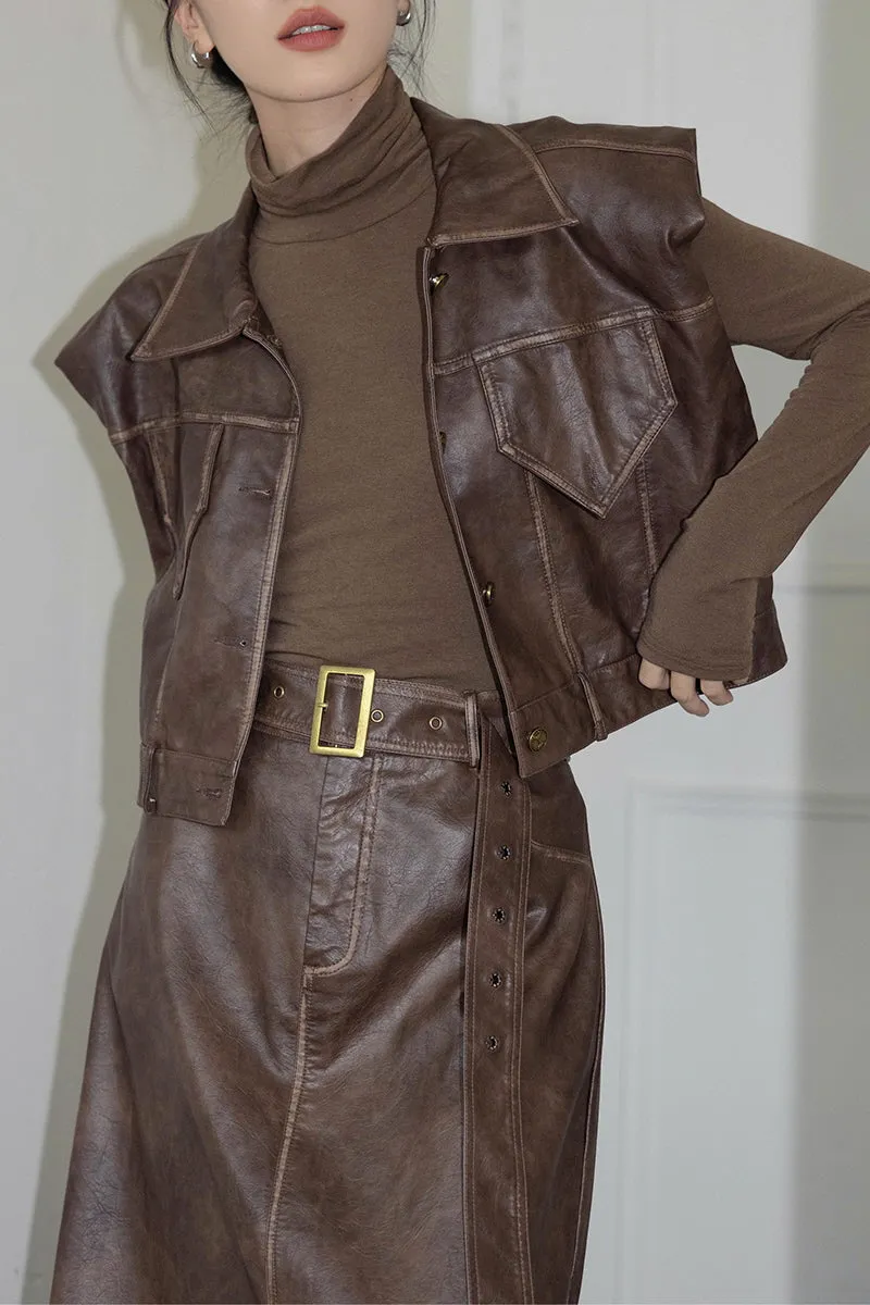 Leather Suit Set & Vest Jacket with Skirt Two-Piece Retro Style