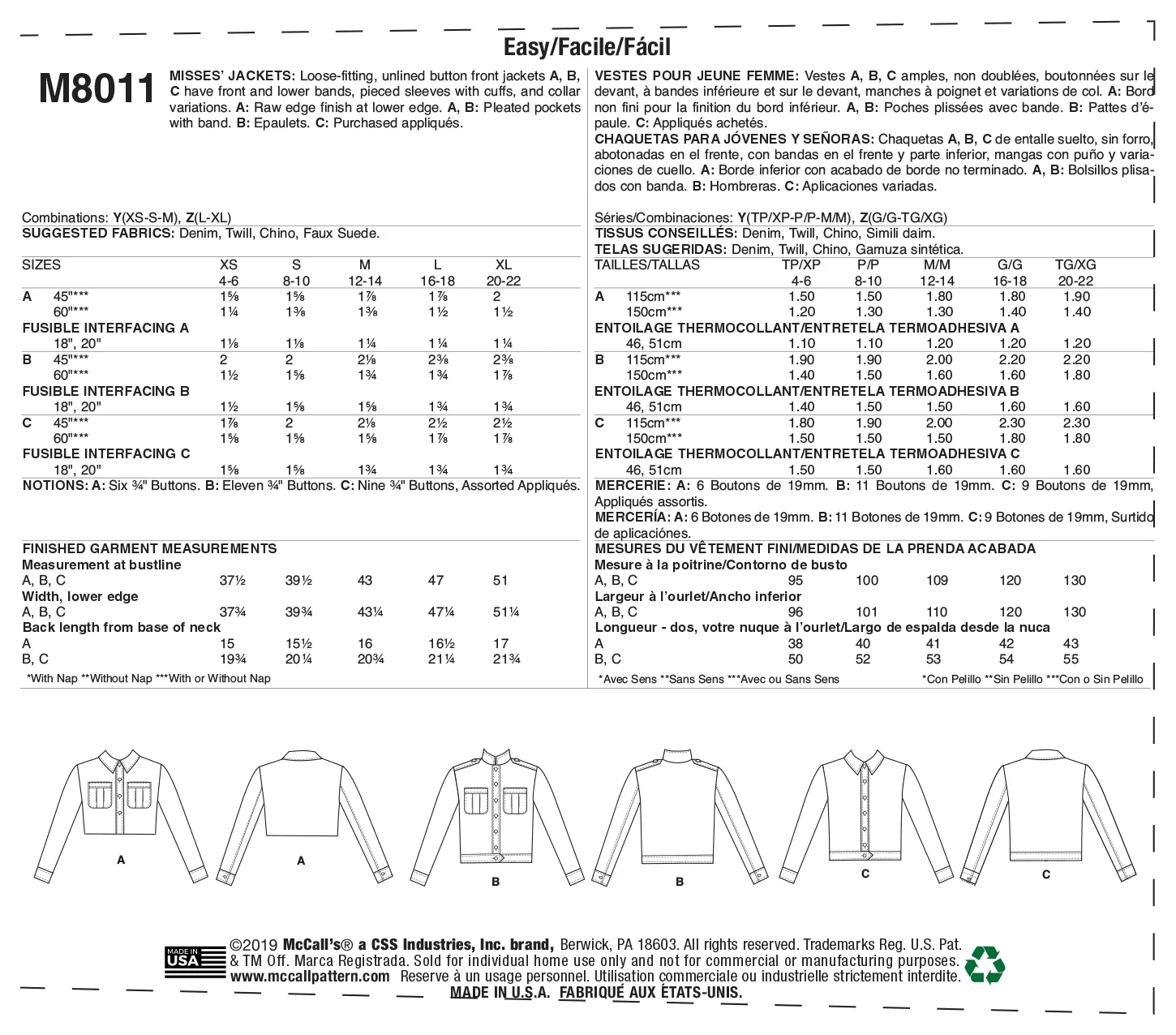 McCall's Pattern M8011 Misses' Jackets