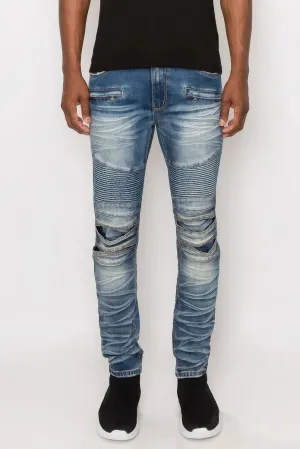 Men Creased Biker Denim Jeans