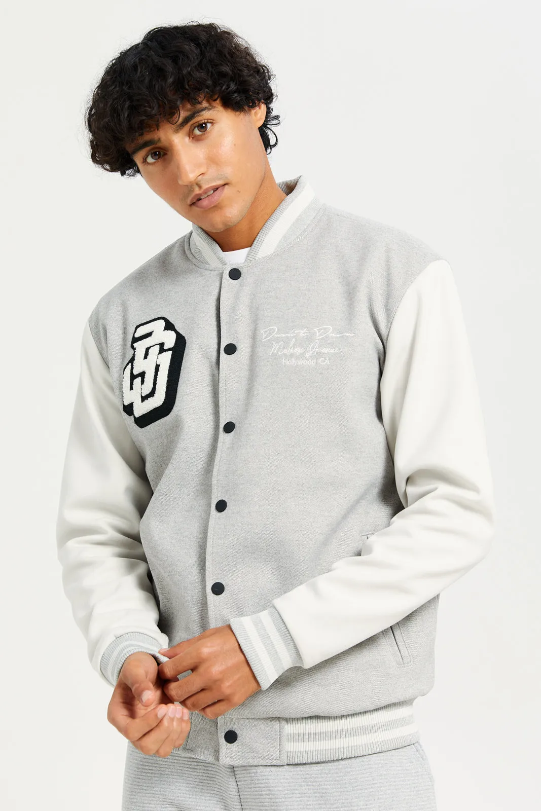 Men Grey Suede Baseball Cardigan