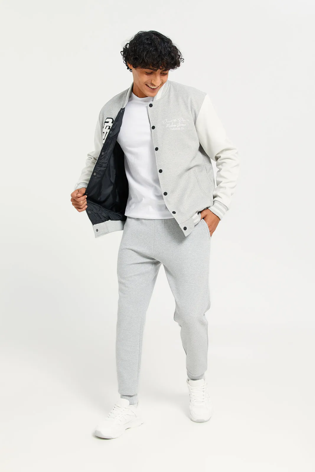 Men Grey Suede Baseball Cardigan