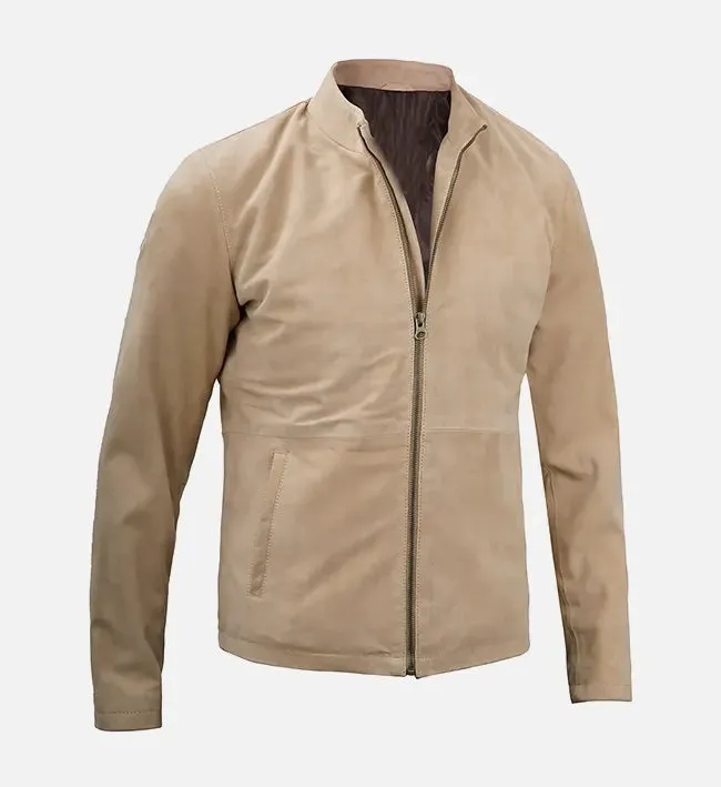 Men's Beige Cafe Racer Suede Leather Jacket