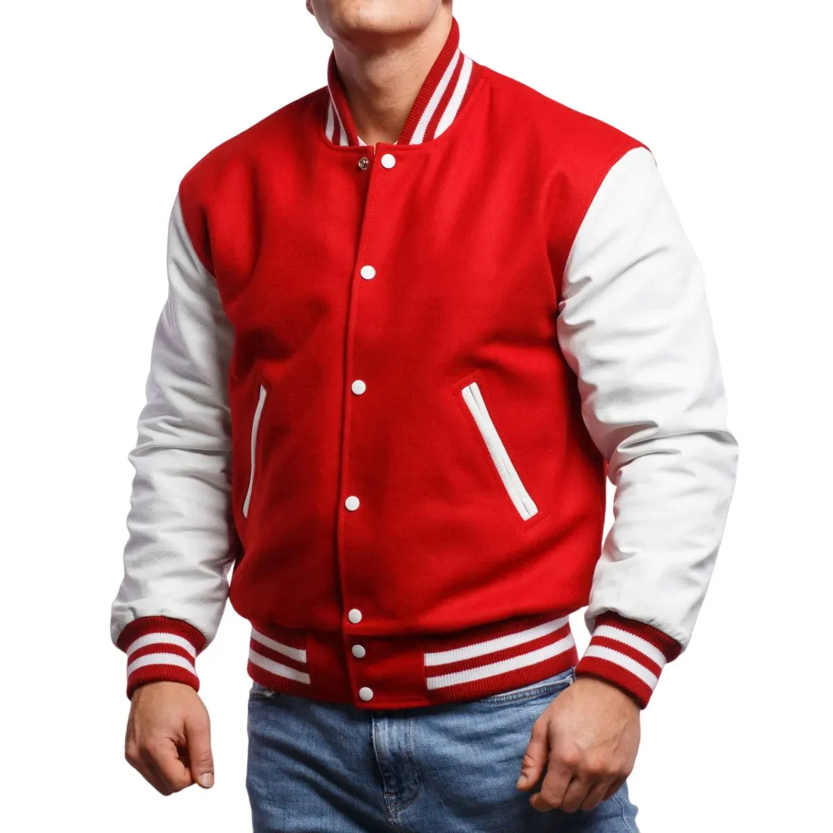 Mens Red And White Leather Varsity Jacket