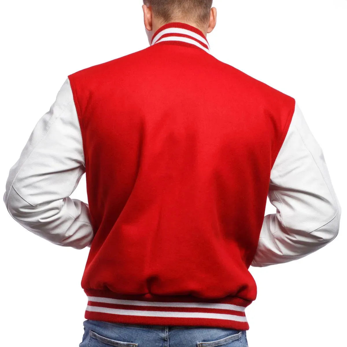 Mens Red And White Leather Varsity Jacket